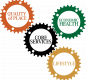 Four gears with different colors turning together. 