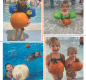 Front cover of a magazine with pictures of kids in a pool holding pumpkins.